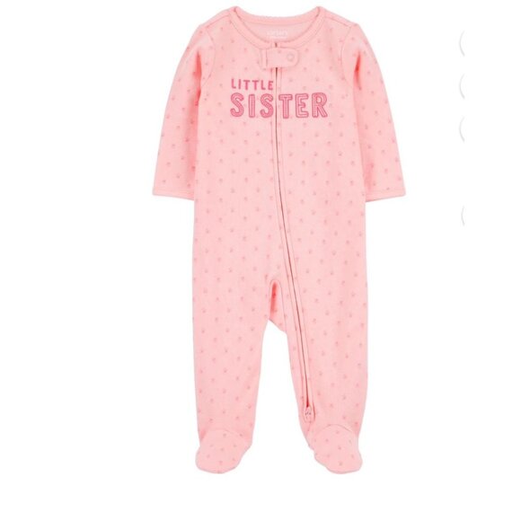 NEW Carters Baby Girls "Little Sister" Pink Footed One-Piece Pajamas - Size 9M - Picture 1 of 2